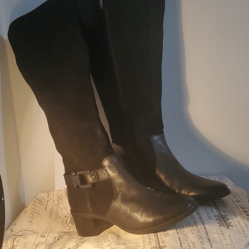 Anne Klein Black Over the Knee Boots with Buckle Detail